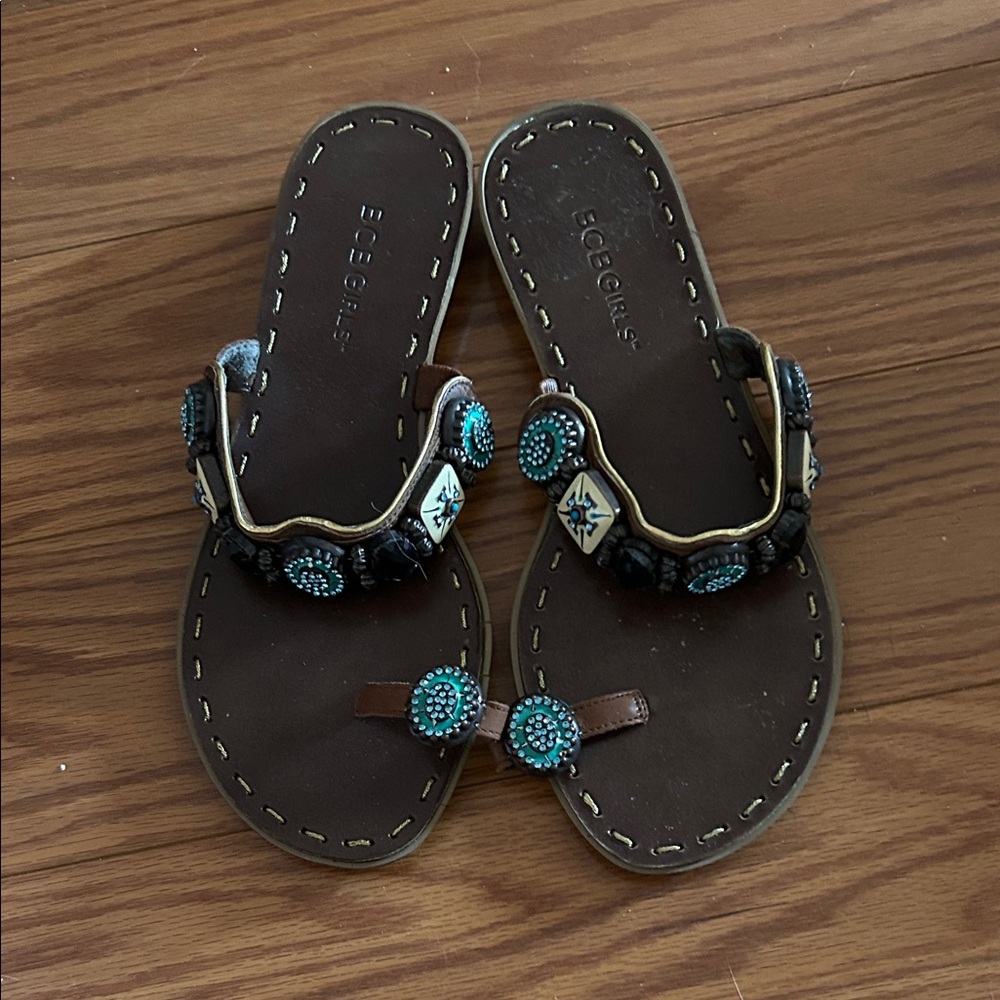 BCBGirls Brown Sandal with Turquoise Beaded Accents